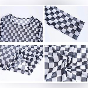 Cropped mesh checkered top